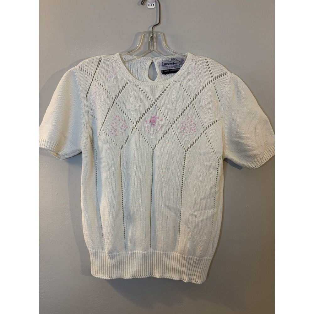 VTG SUSAN BRISTOL White Cotton Embroidered Sweater L Cottage Grandma